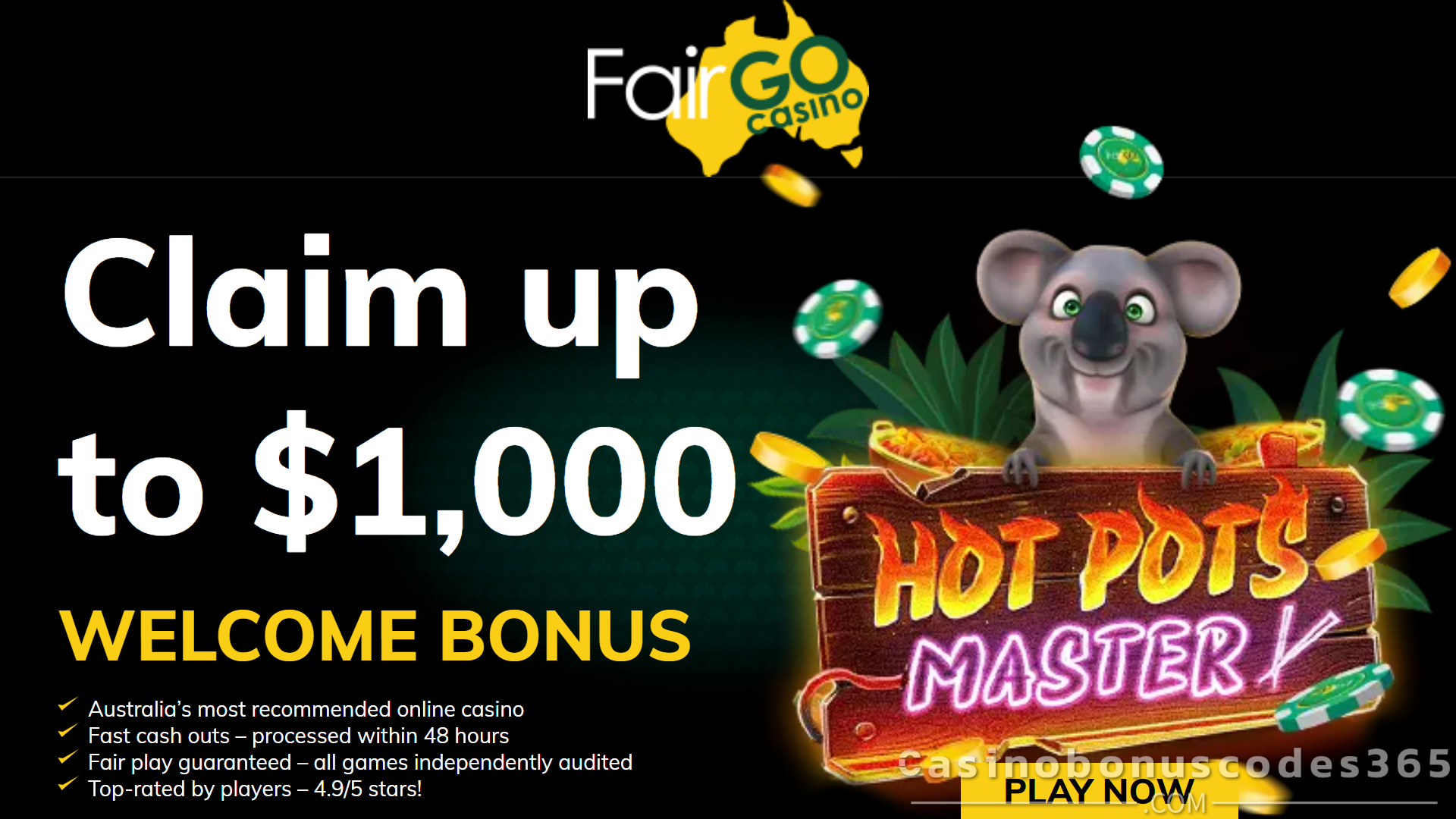 Fair Go Casino 40 FREE Spins on Hot Pots Master
