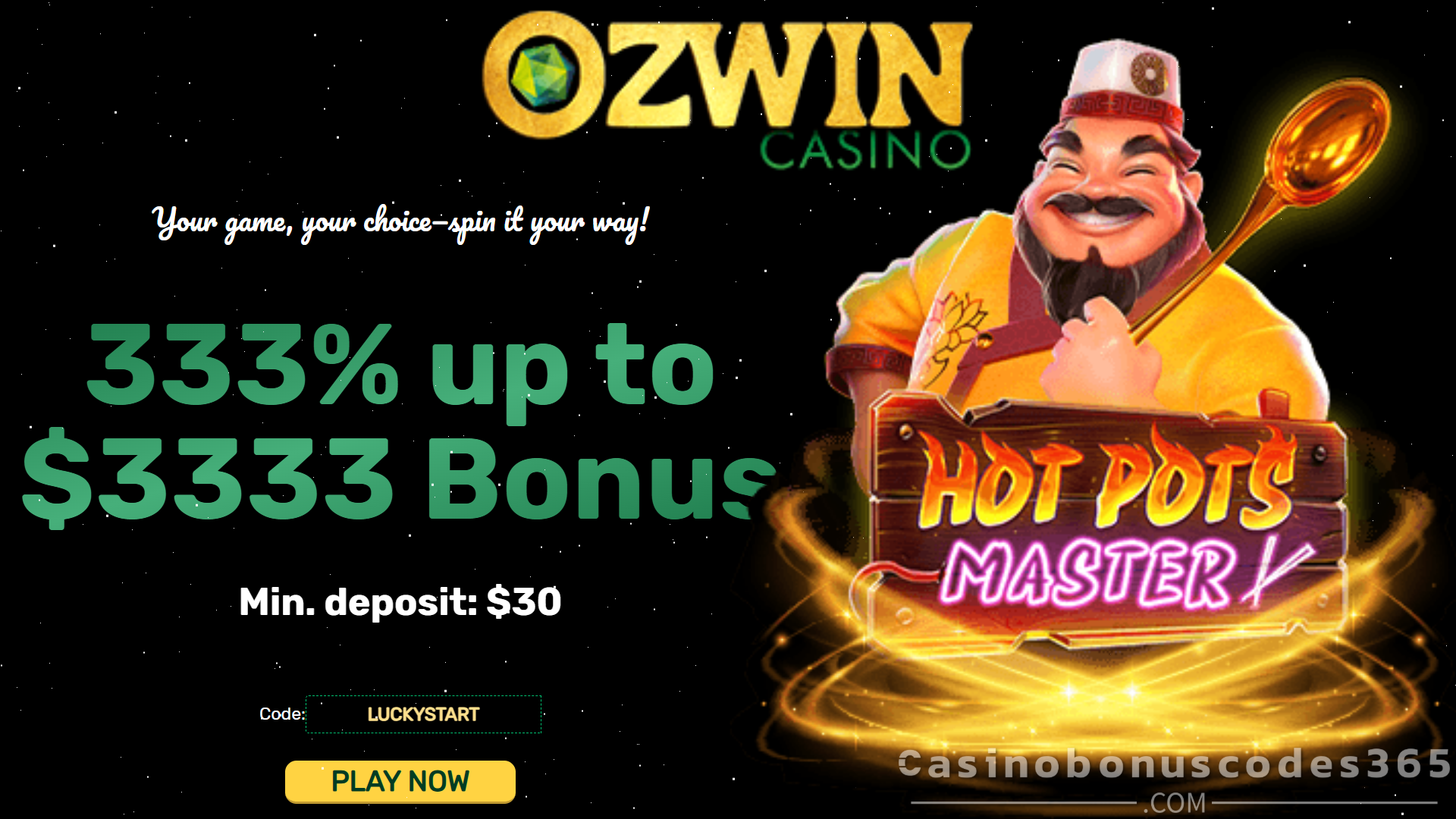 Ozwin Casino 33 FREE Spins on Hot Pots Master plus 333 Match Bonus