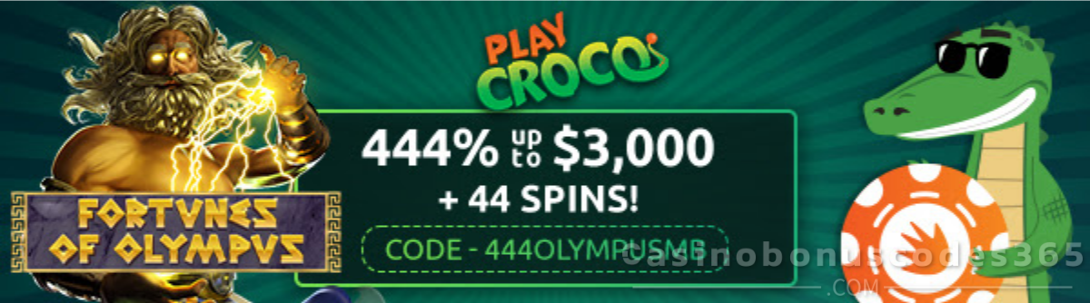 PlayCroco 444% Match up to $3000 plus 44 FREE Spins on Fortunes of Olympus SpinLogic Gaming Bonus