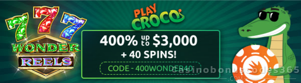 PlayCroco 400% Match up to $3000 plus 40 FREE Spins on Wonder Reels