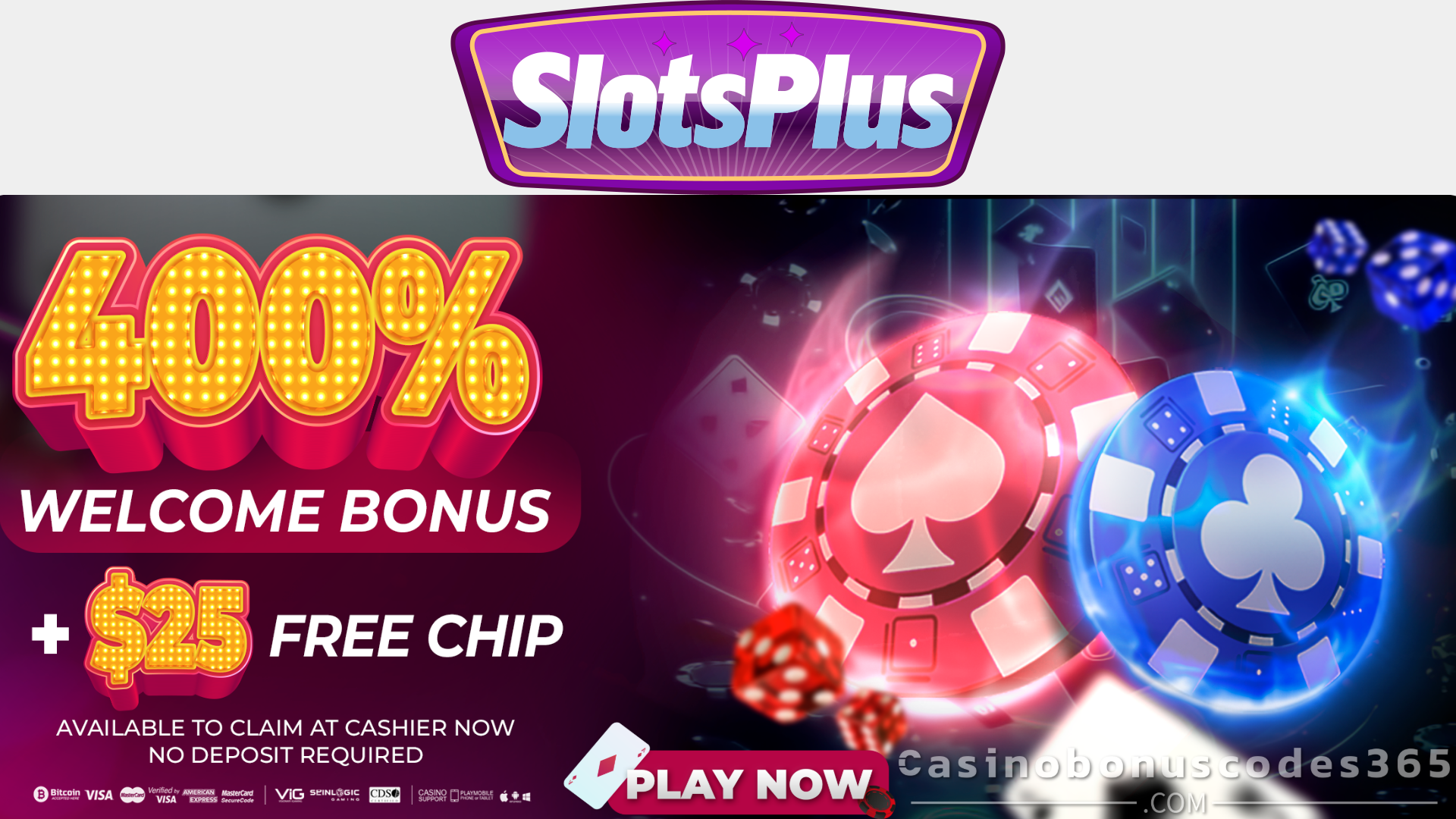 SlotsPlus $25 FREE Chip plus 400% Match Welcome Bonus