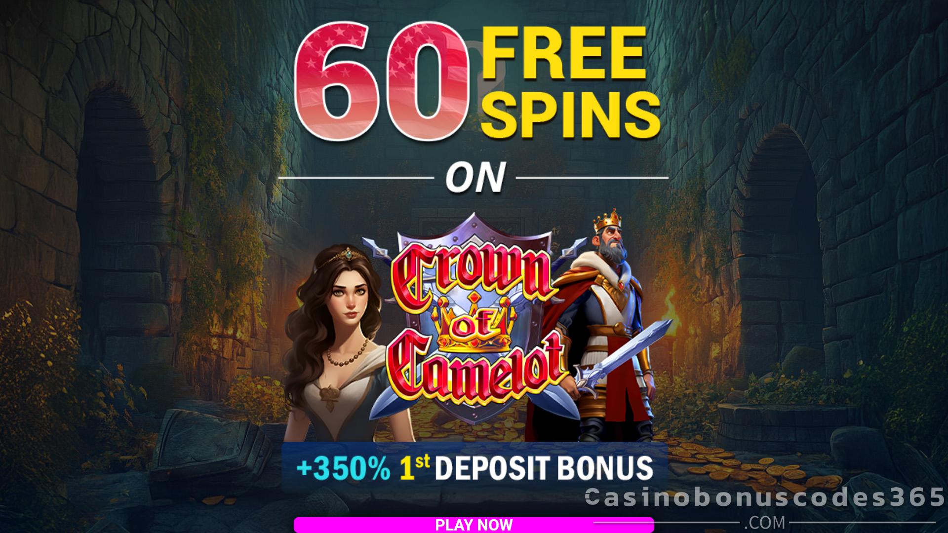 Vegas2Web 60 FREE Spins on Rival Gaming Crown of Camelot No Deposit Bonus