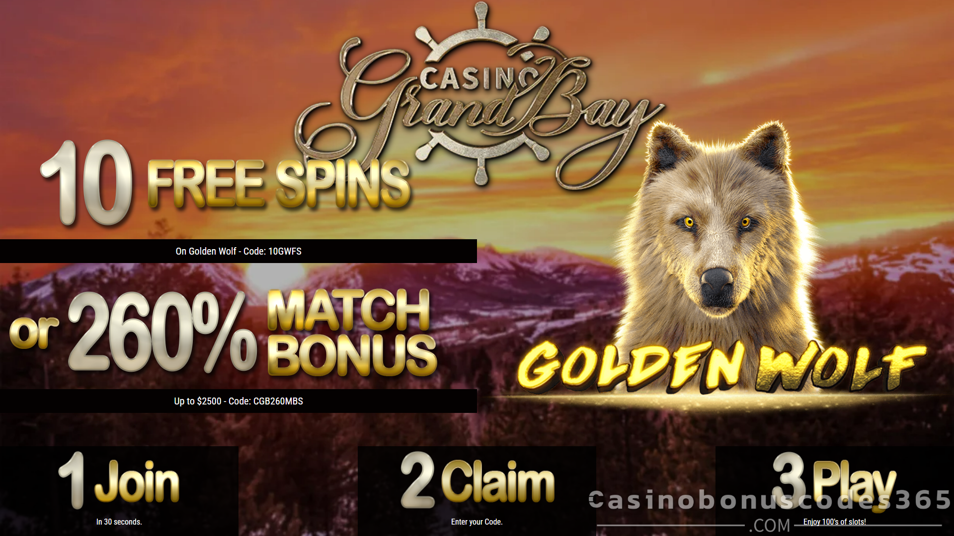 Casino Grand Bay 10 FREE Spins or 260% Match on Genii Golden Wolf