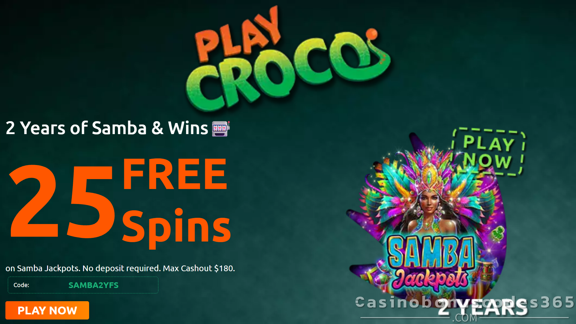 PlayCroco 25 FREE Spins on SpinLogic Samba Jackpot No Deposit Bonus August 2025
