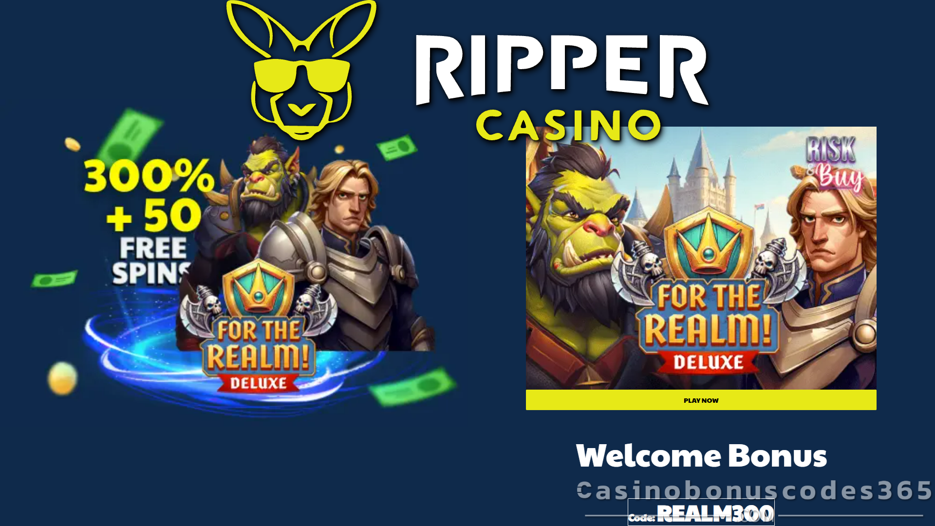 Ripper Casino 300% Bonus + 50 FREE Spins on For the Realm Deluxe Mascot Gaming Slot