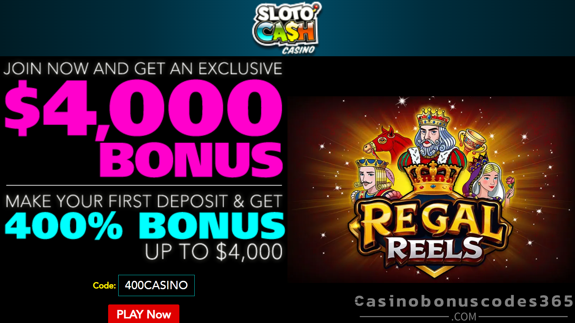 SlotoCash Casino 15 FREE Spins and 100 EASY-WIN Spins on Regal Reels