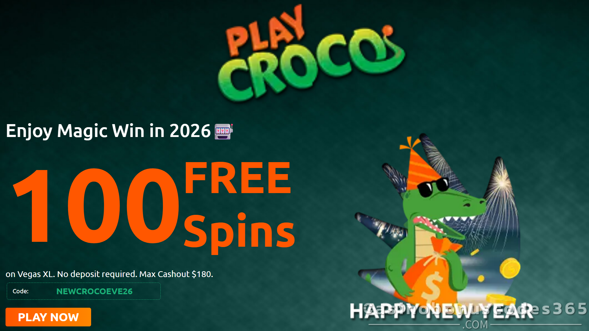 PlayCroco New Year 2026 Bonus 100 FREE Spins on Vegas XL No Deposit