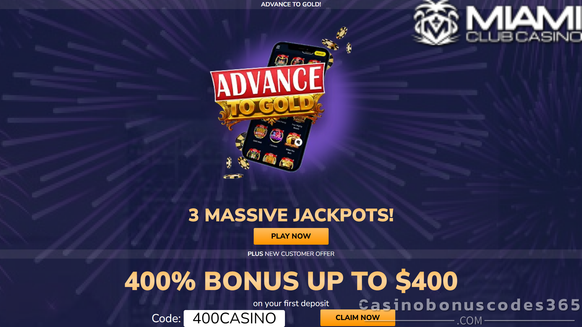 Miami Club Casino 400% Match Bonus up to $4000 on Advance to Gold by Arrows Edge