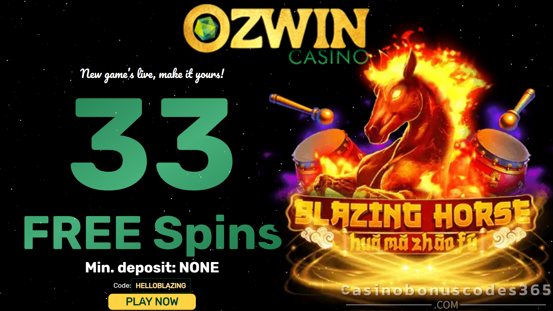 Ozwin Casino 33 FREE Spins on Blazing Horse – Hou Ma Zhao Fú No Deposit Bonus January 2026