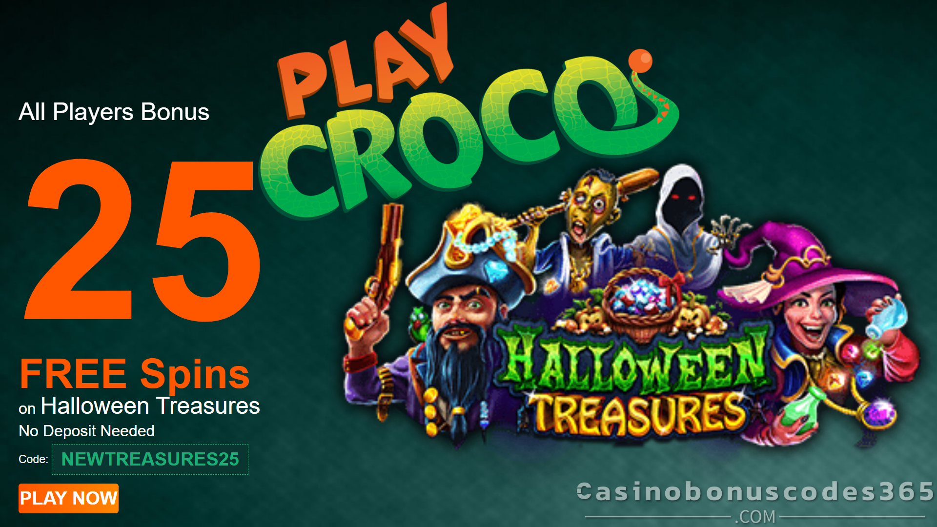 PlayCroco January 2026 Bonus 25 FREE Spins on Halloween Treasures No Deposit