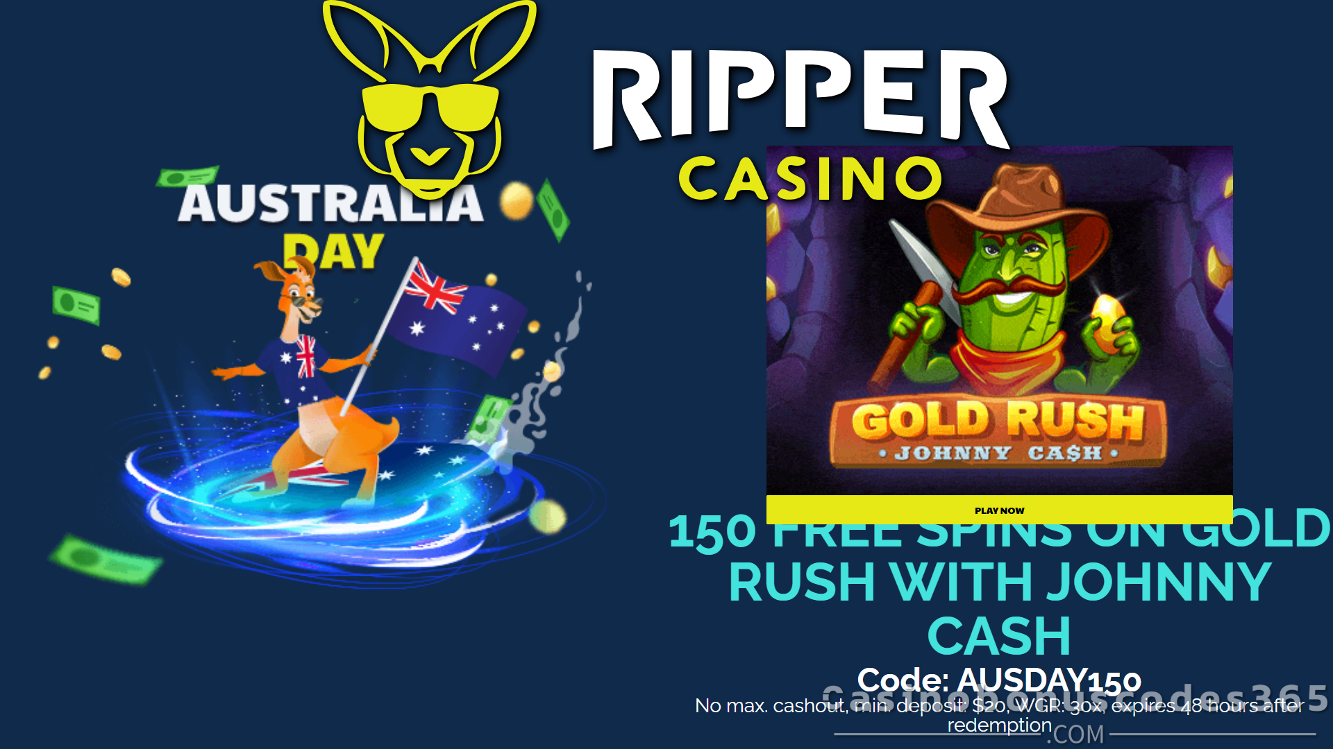 Ripper Casino Australia Day Bonus 150 Free Spins on Gold Rush with Johnny Cash BGaming