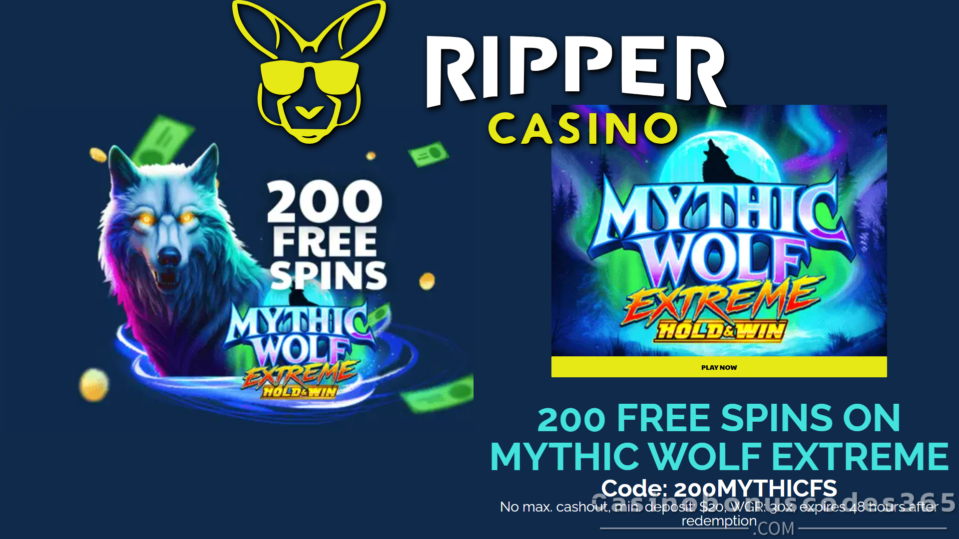 Ripper Casino Deposit $20 Get 200 Wild Free Spins on Mythic Wolf Extreme January 2026 Bonus