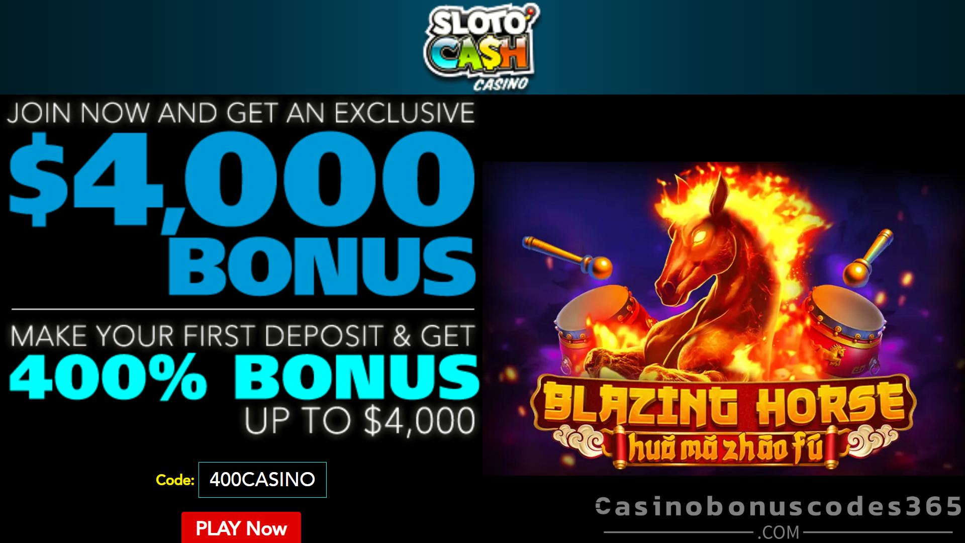 SlotoCash Casino 25 FREE Spins and 100 EASY-WIN Spins on Blazing Horse