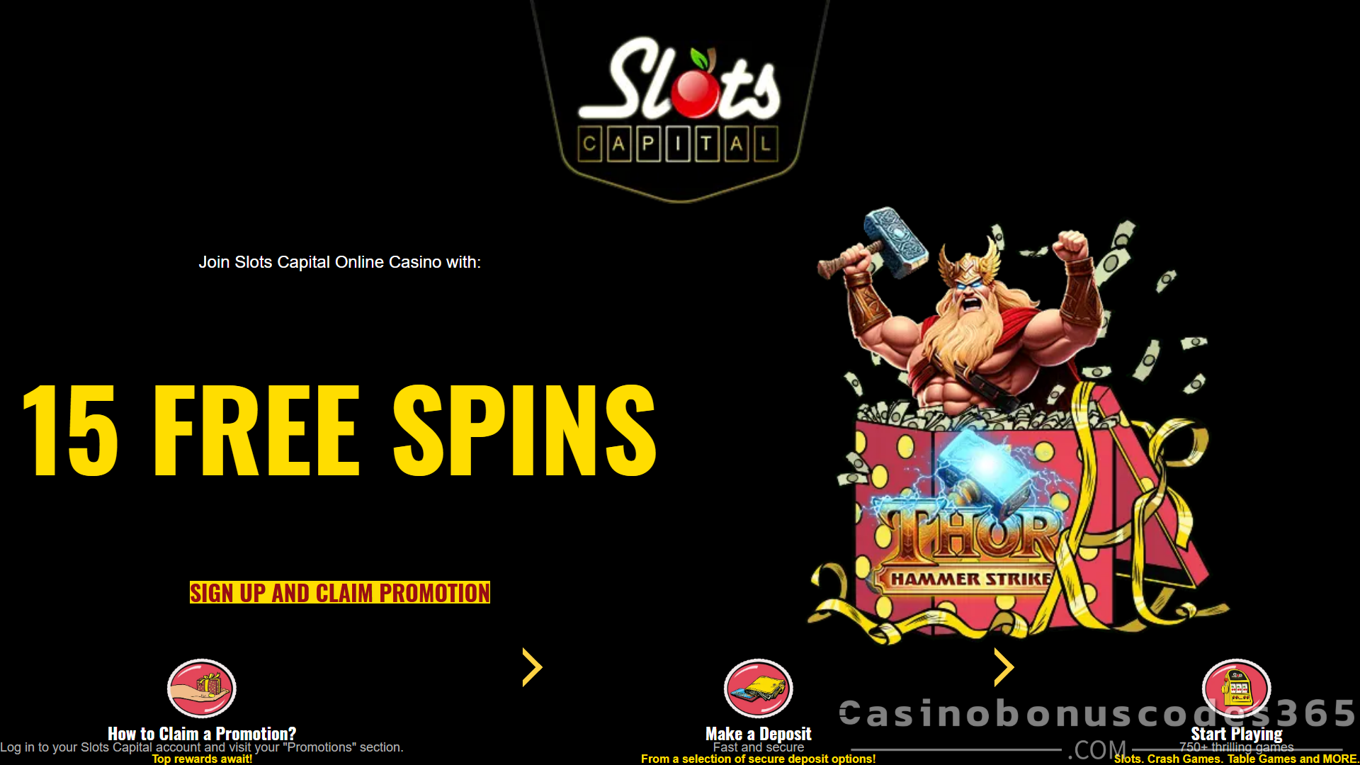 Slots Capital 15 FREE Spins on Rival Gaming Thor Hammer Strike No Deposit Bonus