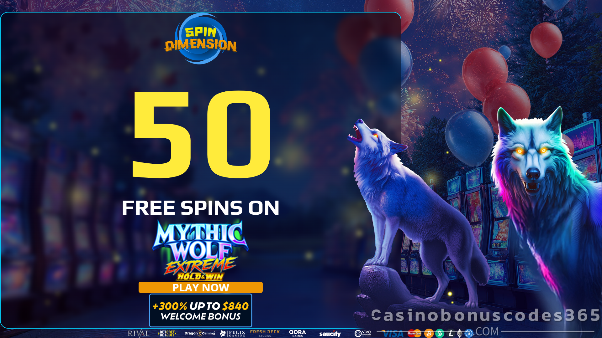 Spin Dimension 50 FREE Spins on Mythic Wolf Extreme Rival Gaming