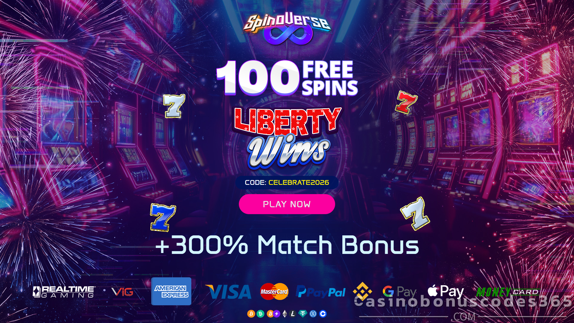 SpinoVerse 100 FREE Spins on SpinLogic Gaming Liberty Wins No Deposit Bonus