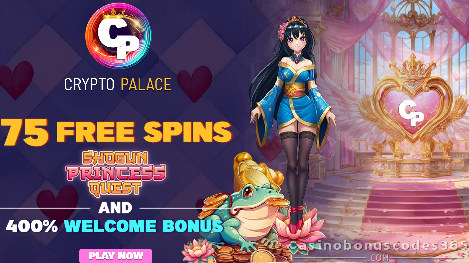 Crypto Palace 75 FREE Spins on SpinLogic Gaming Shogun Princess Quest Valentine’s Day No Deposit Bonus
