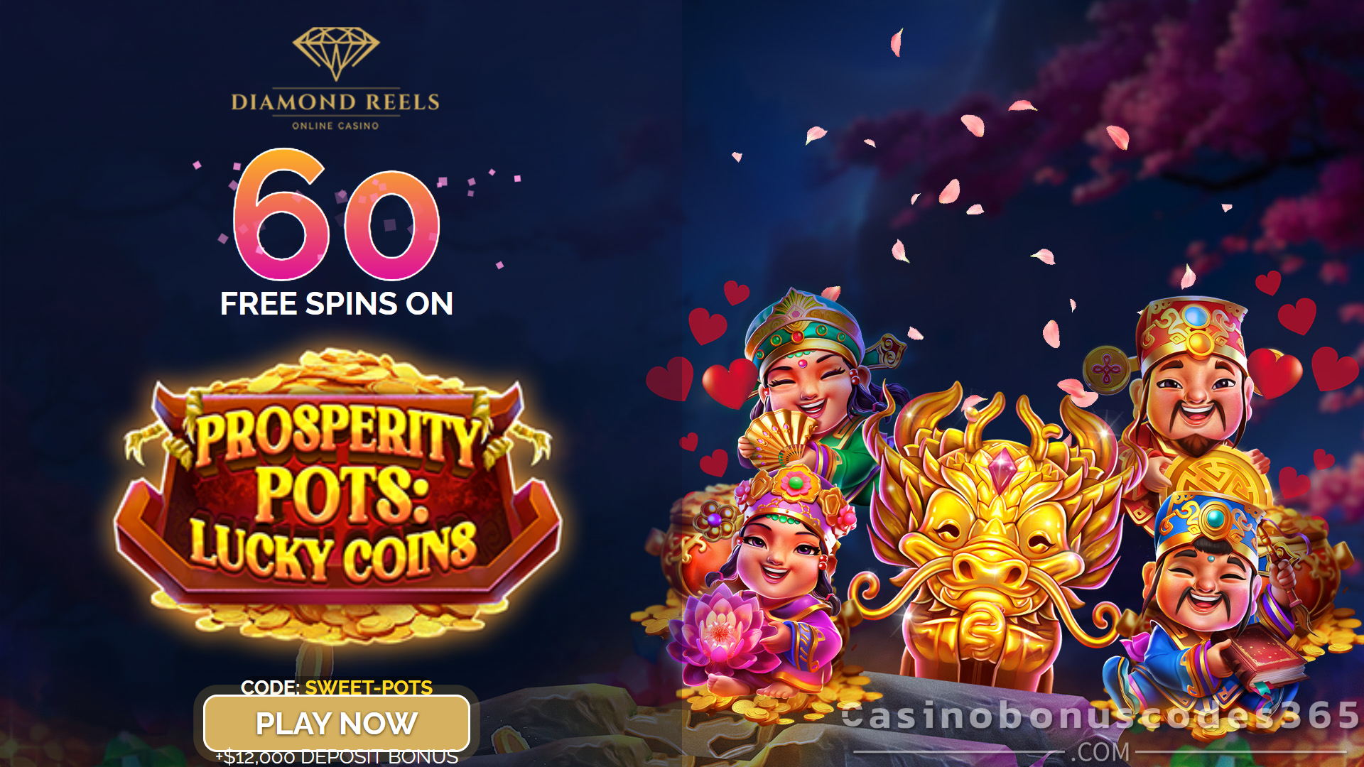 Diamond Reels 60 FREE Spins on Prosperity Pots Lucky Coins No Deposit Bonus