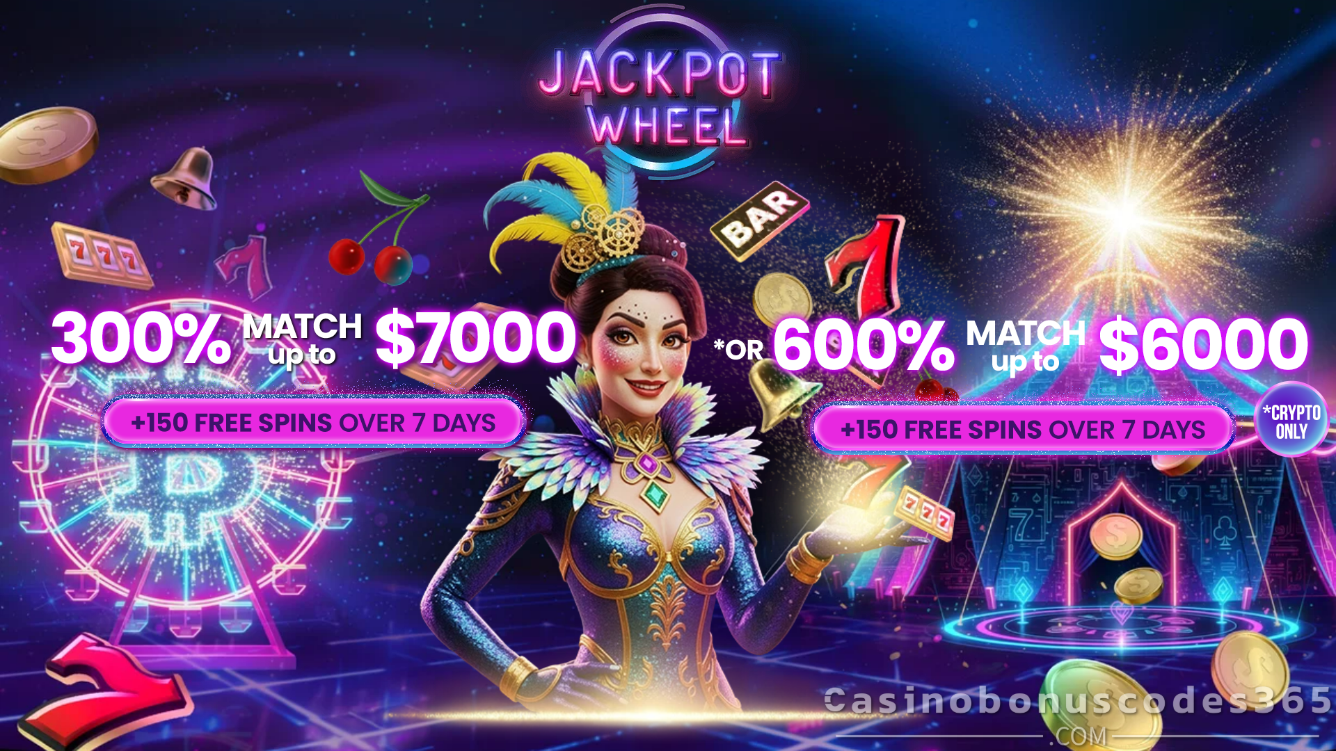 Jackpot Wheel 300% Match Bonus up to $7,000 plus 150 FREE Spins No Deposit Welcome Offer