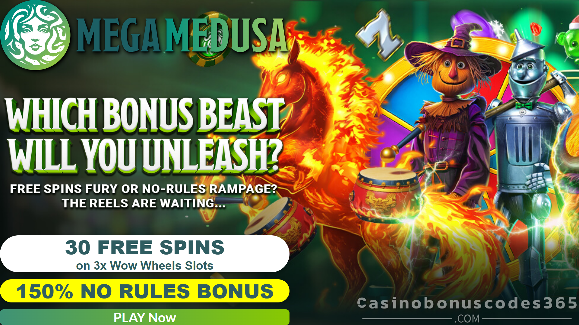 Mega Medusa Casino Australia Day Bonus Codes 30 Free Spins on 3X WOW WHEELS and 150% No Rules Bonus