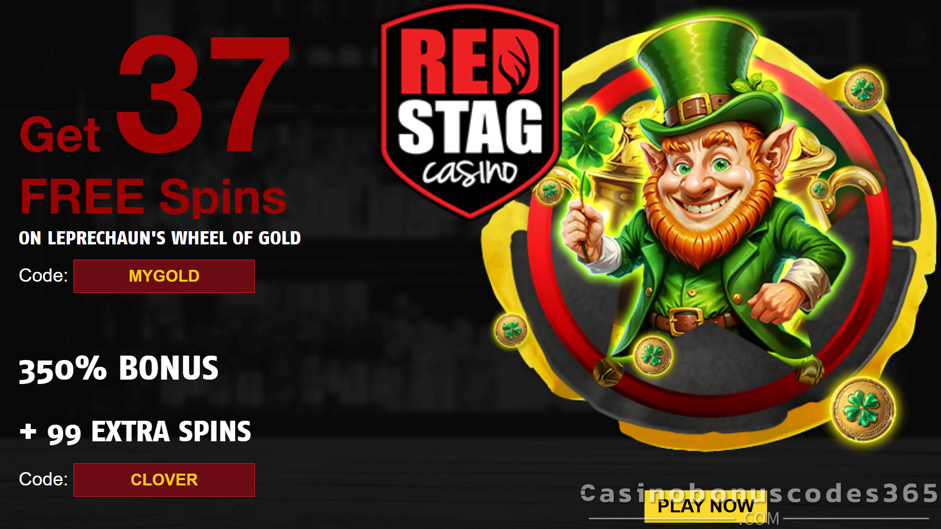 Red Stag Casino St. Patrick's Day Promo 37 FREE Spins and 350% Up to $1750 Bonus on Leprechaun's Wheel of Gold