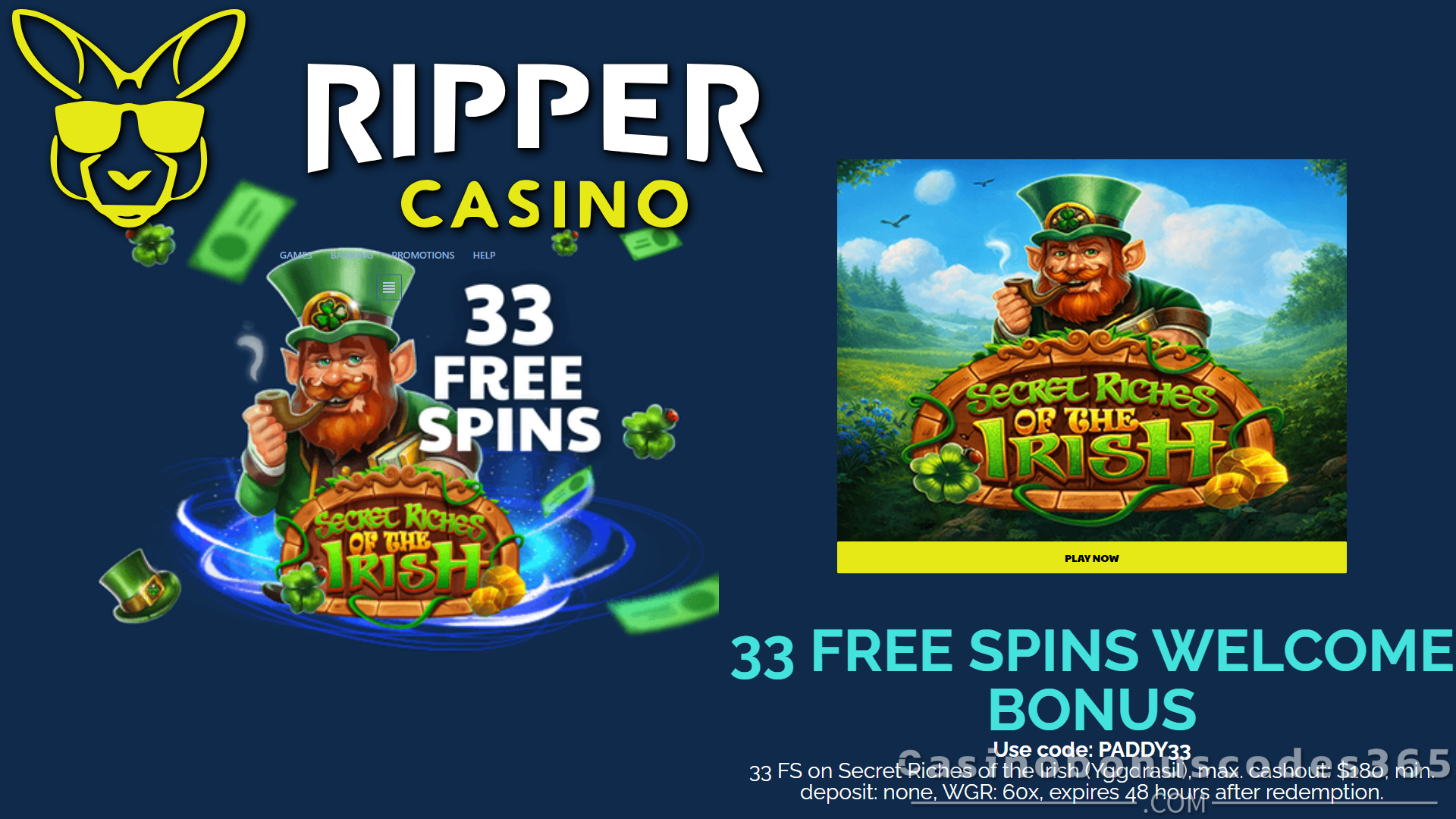 Ripper Casino St Patrick's Day Bonus 33 FREE Spins on Secret Riches of the Irish No Deposit