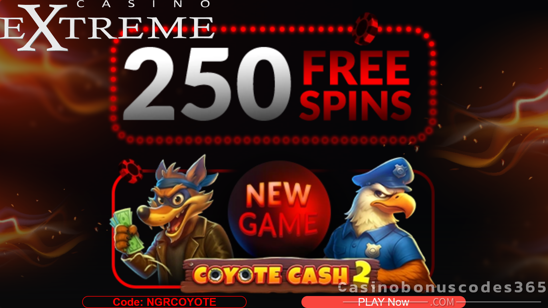 Casino Extreme 250 FREE Spins on SpinLogic Gaming Coyote Cash 2 Bonus Code NGRCOYOTE