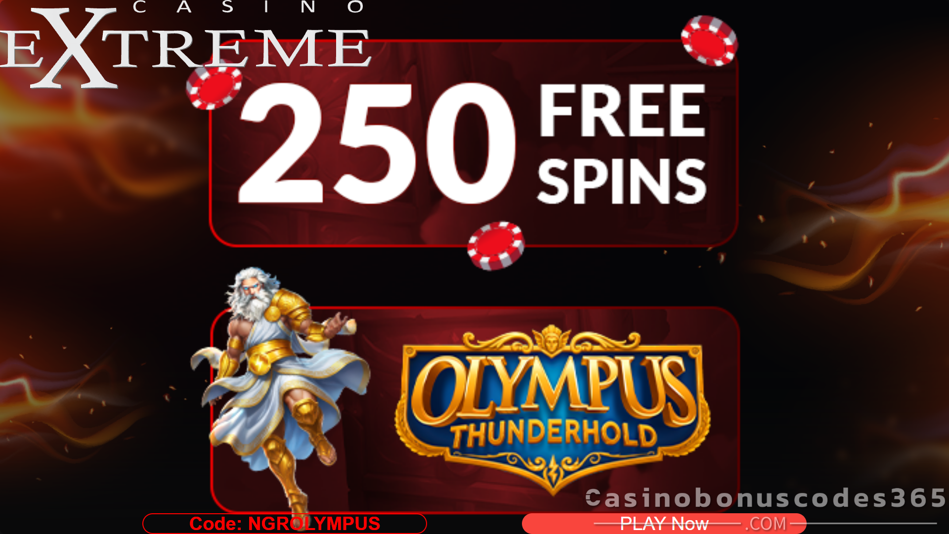 Casino Extreme 250 FREE Spins on Olympus Thunderhold Bonus Code NGROLYMPUS