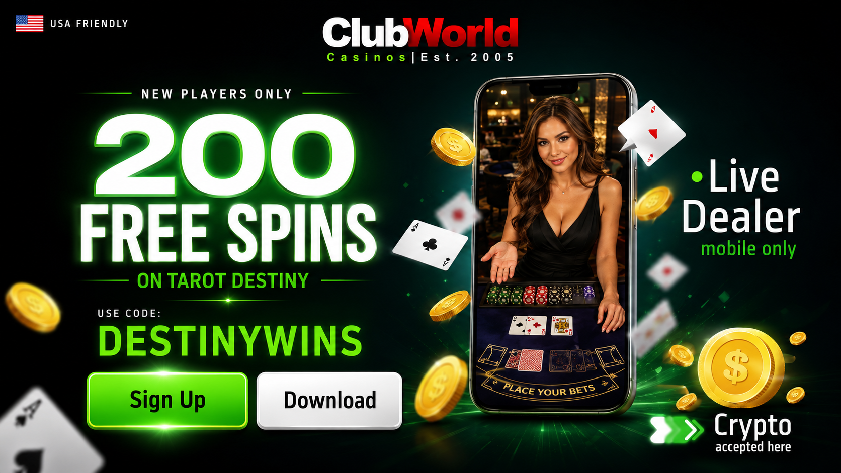Club World Casino 200 FREE Spins on Tarot Destiny Bonus Code DESTINYWINS