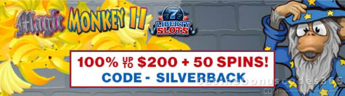 Liberty Slots 100% up to $200 + 50 FREE Spins Bonus Code SILVERBACK