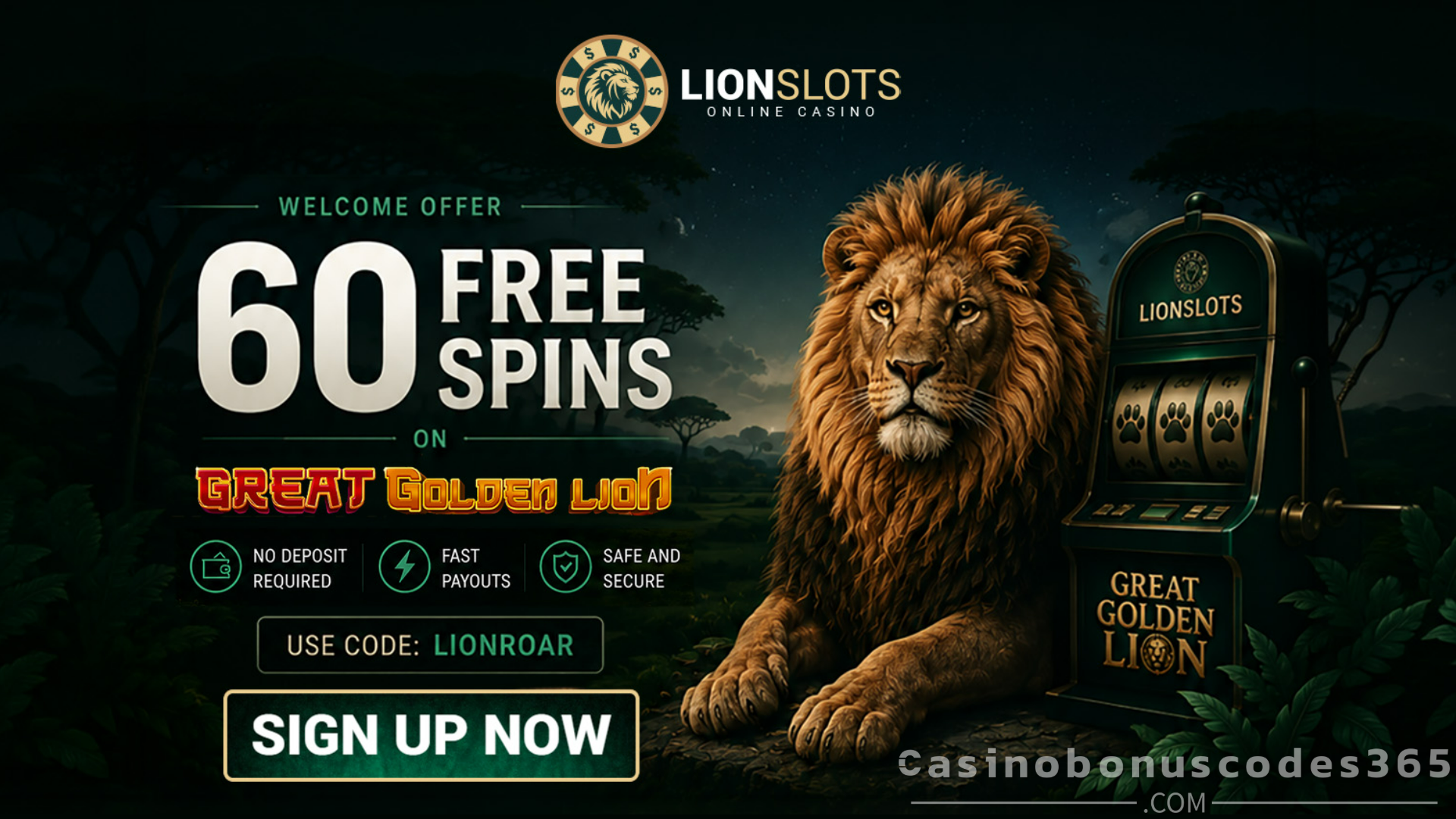 Lion Slots Casino 60 Free spins on Great Golden Lion