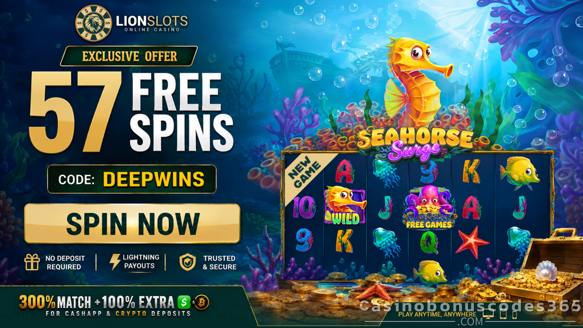 Lion Slots Casino 57 FREE Spins on Seahorse Surge