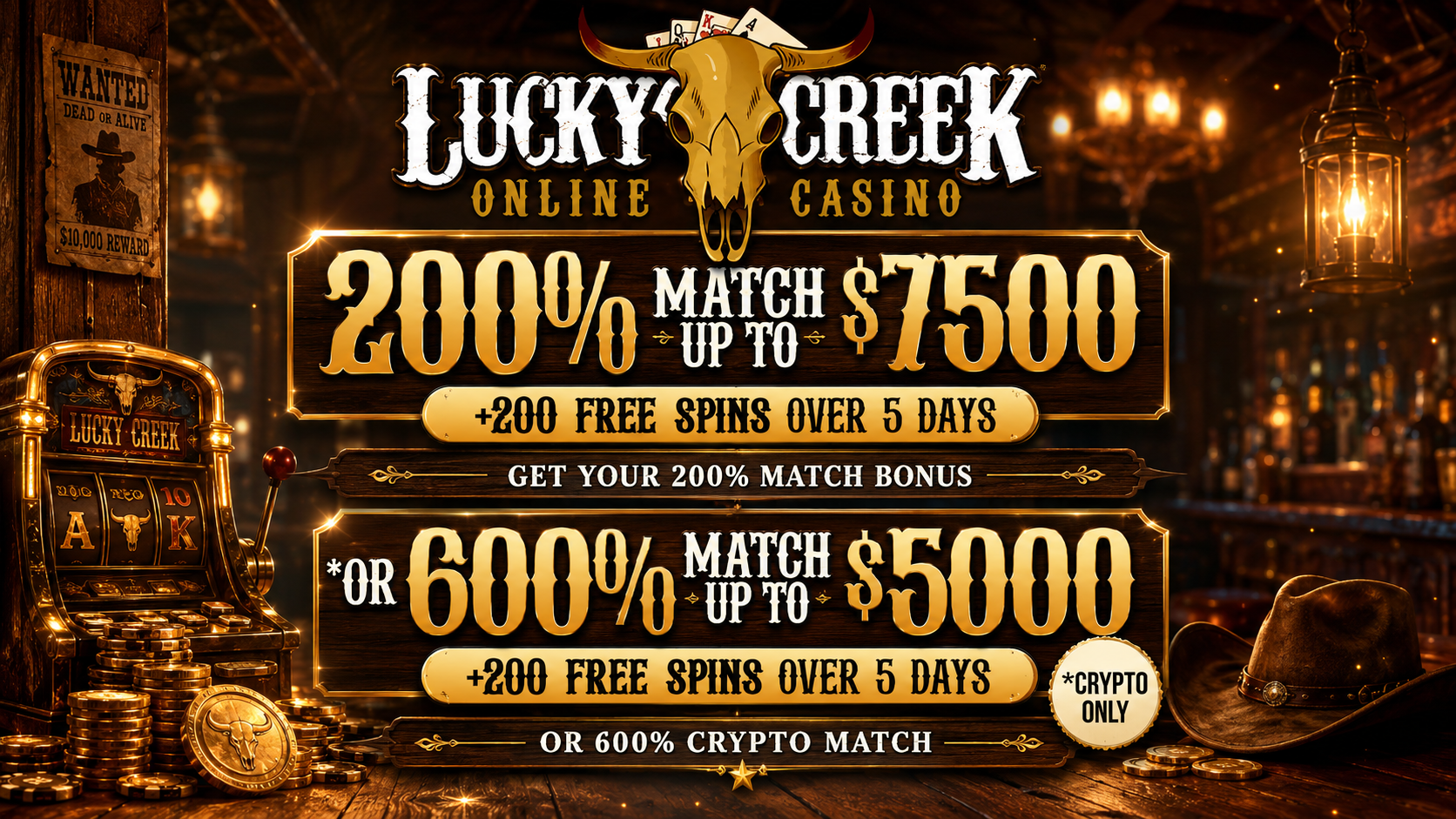 Lucky Creek Casino 200% Match up to $7500 or 600% Crypto Match up to $5000 plus 200 Free Spins