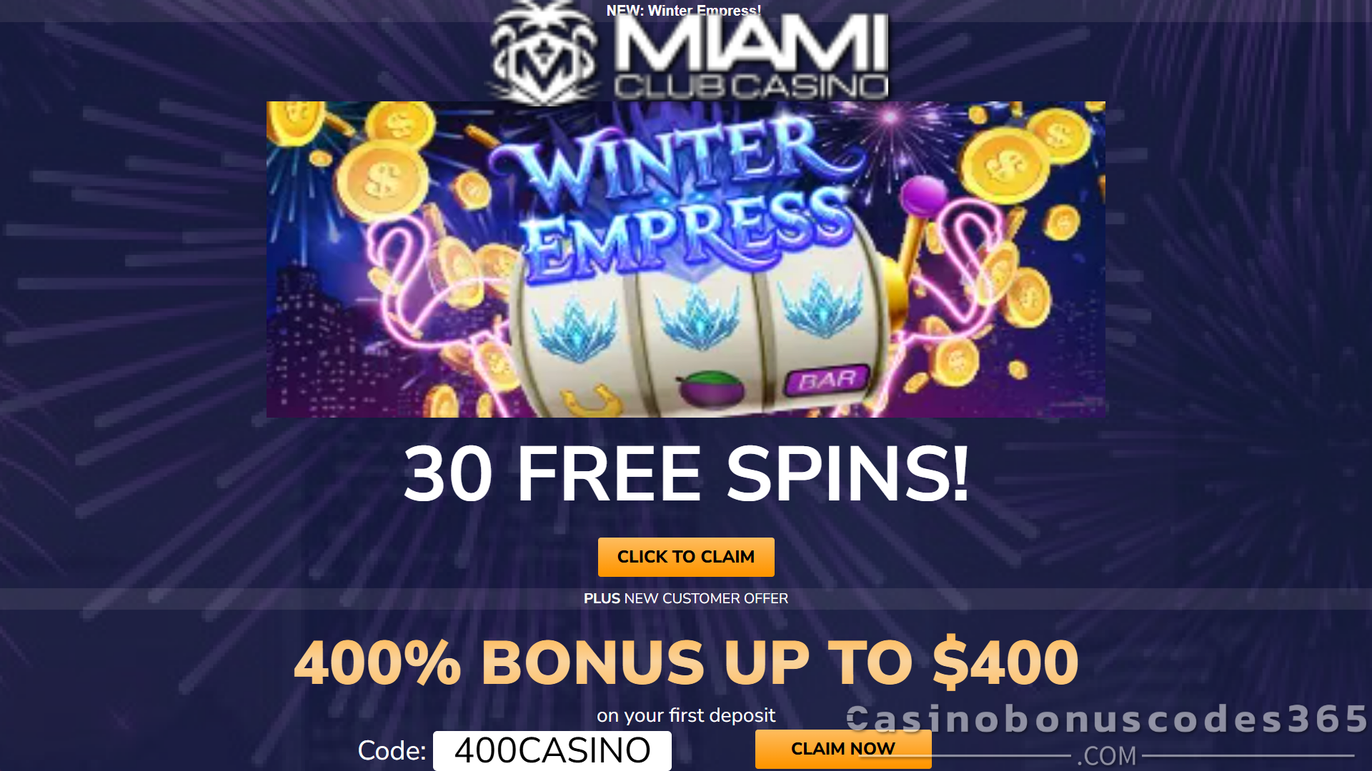 Miami Club Bonus Offer – 30 FREE Spins on Winter Empress