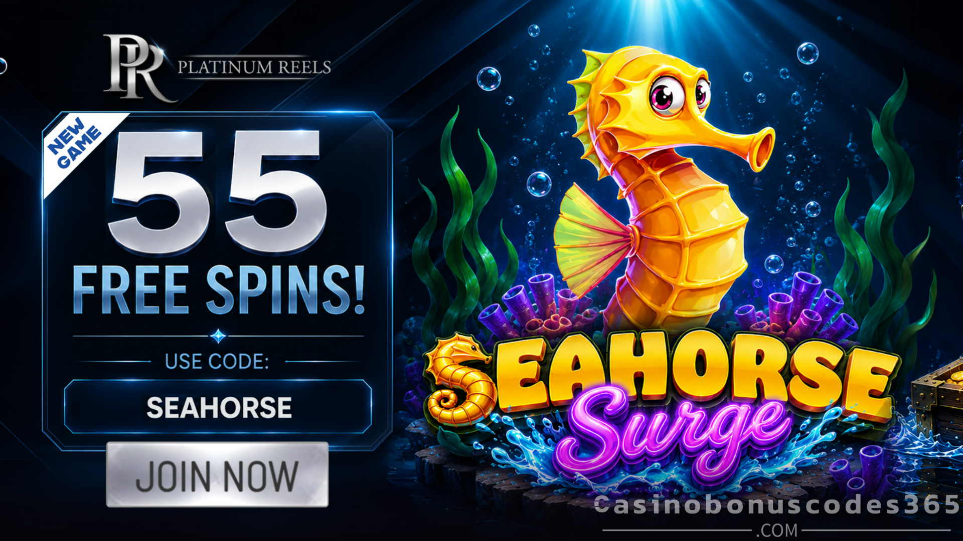 Platinum Reels Casino 55 FREE Spins on Seahorse Surge