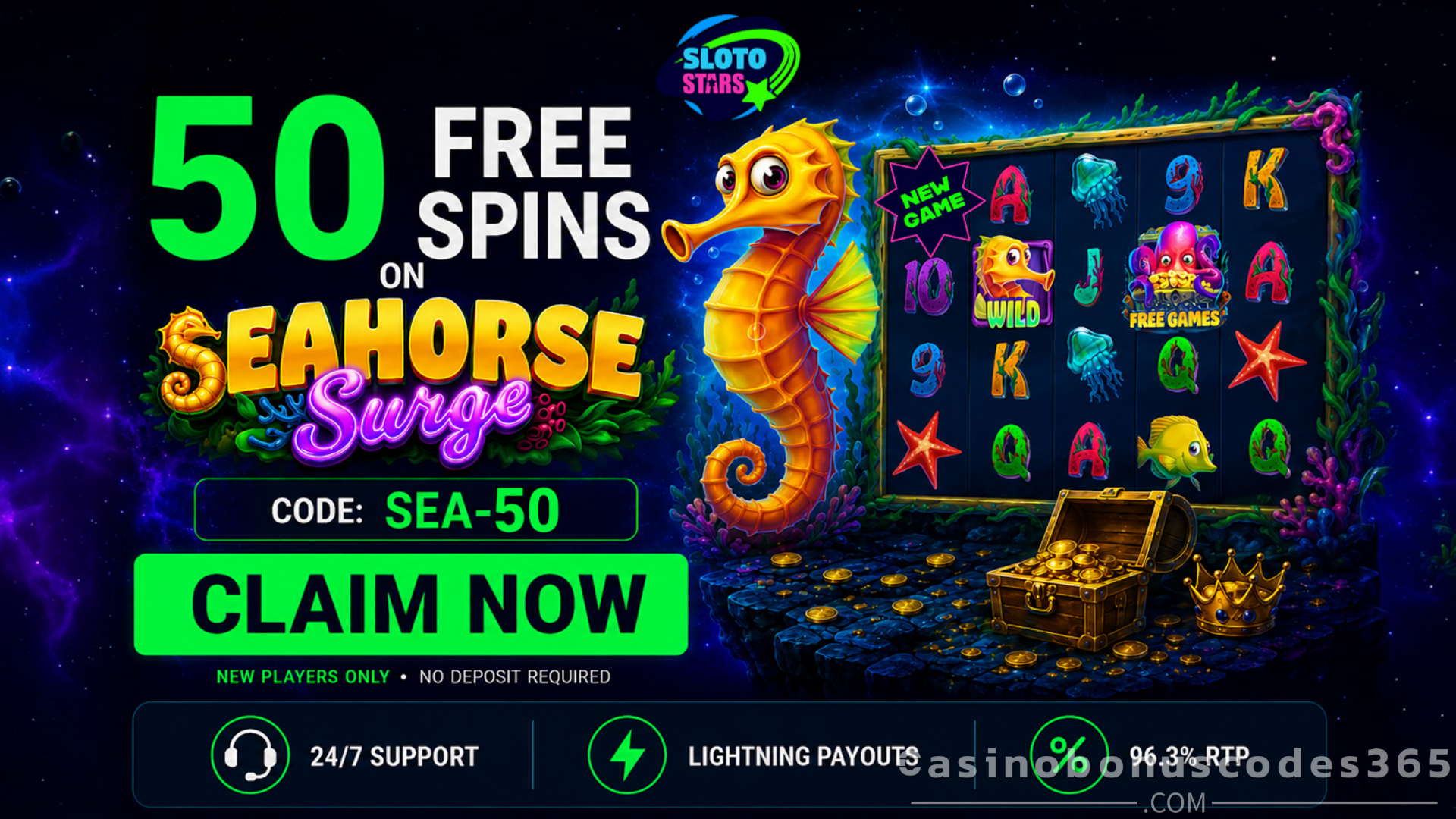 Sloto Stars Casino 50 FREE Spins on Seahorse Surge