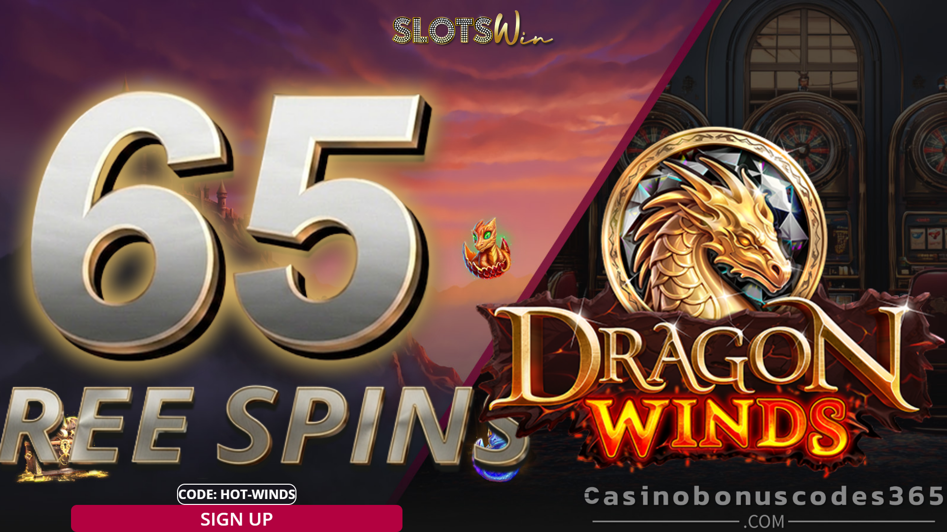 SlotsWin Casino 65 Free spins on Dragon Winds