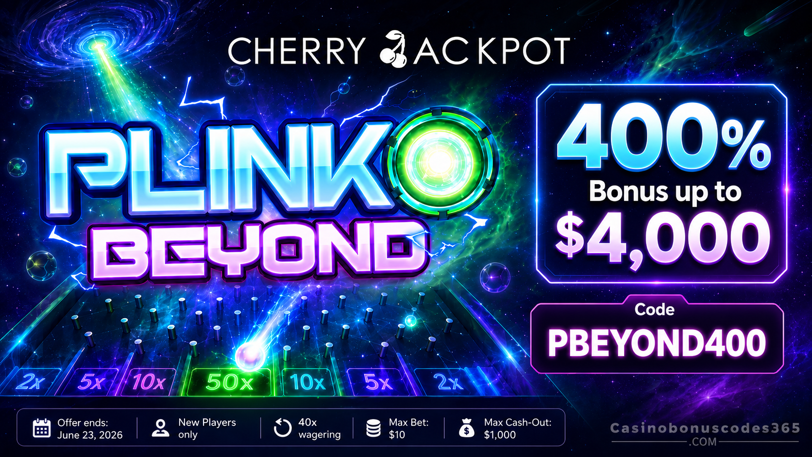 Cherry Jackpot Plinko Beyond 400% Bonus up to $4,000
