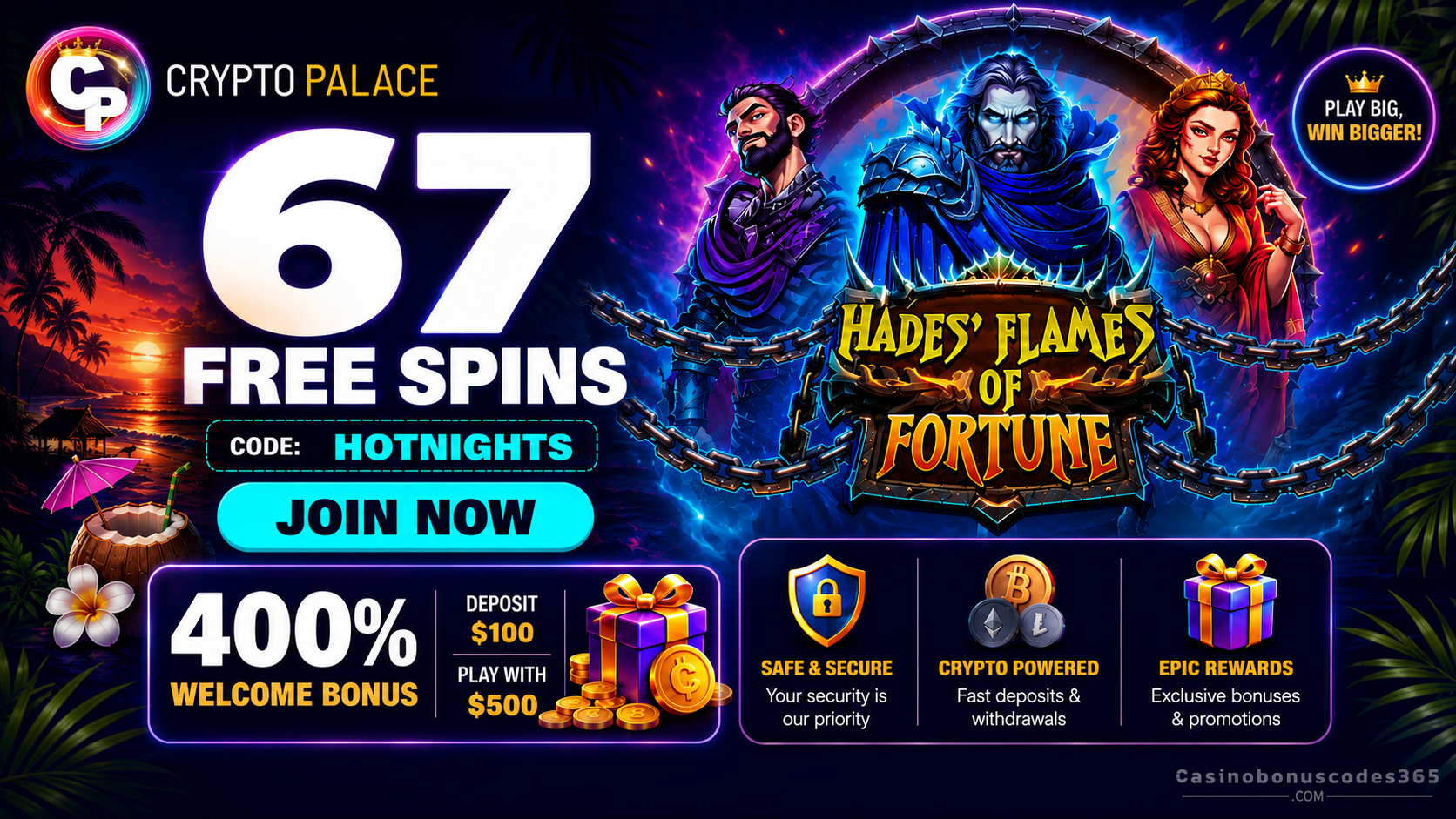 Crypto Palace Casino 67 FREE Spins on Hades' Flames of Fortune