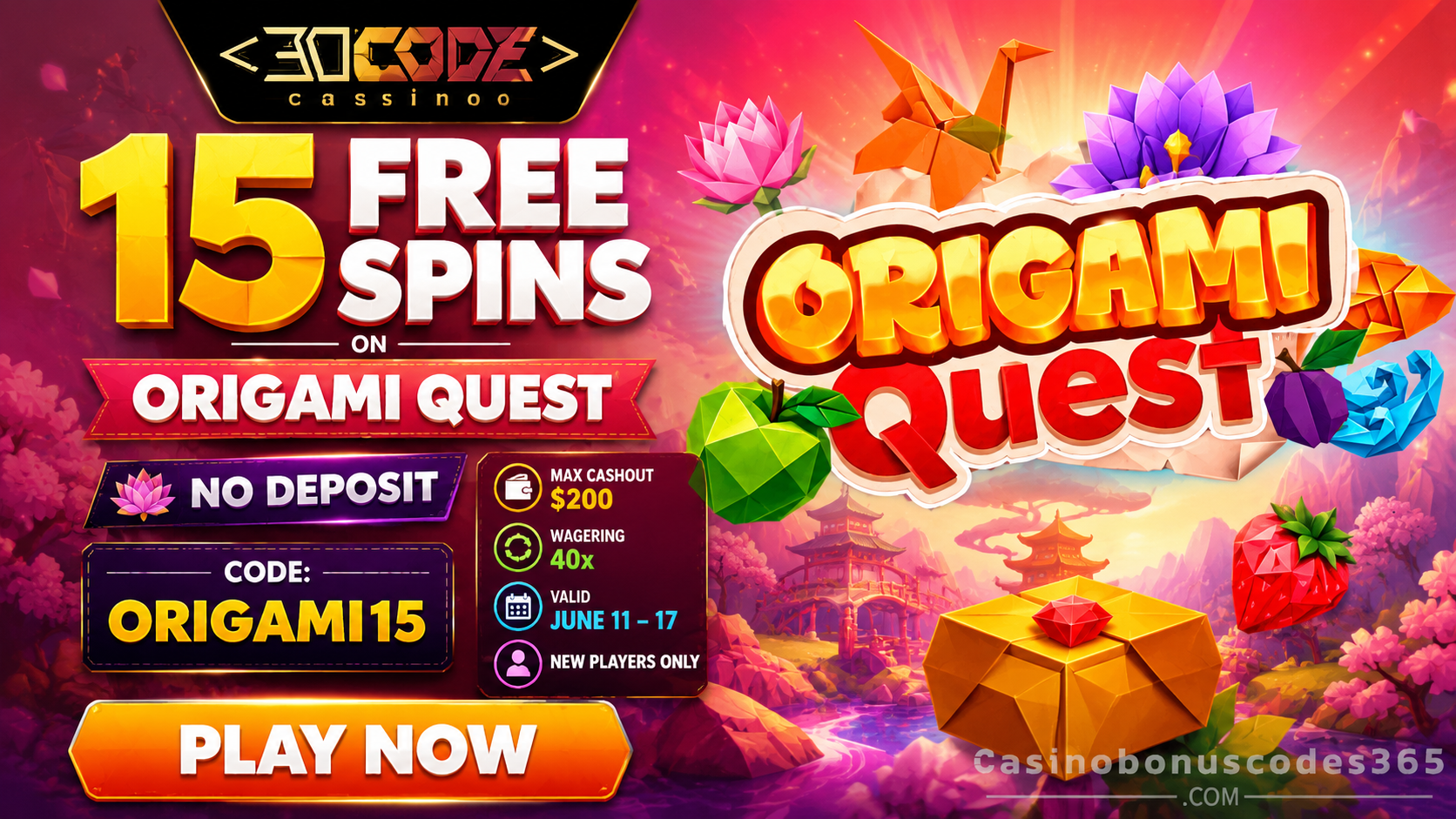 Decode Casino 15 FREE Spins on Origami Quest