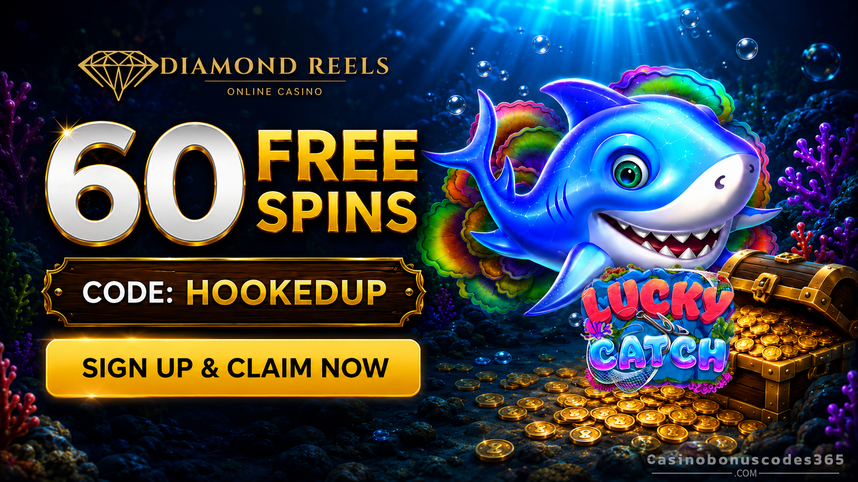 Diamond Reels Casino 60 FREE Spins on Lucky Catch