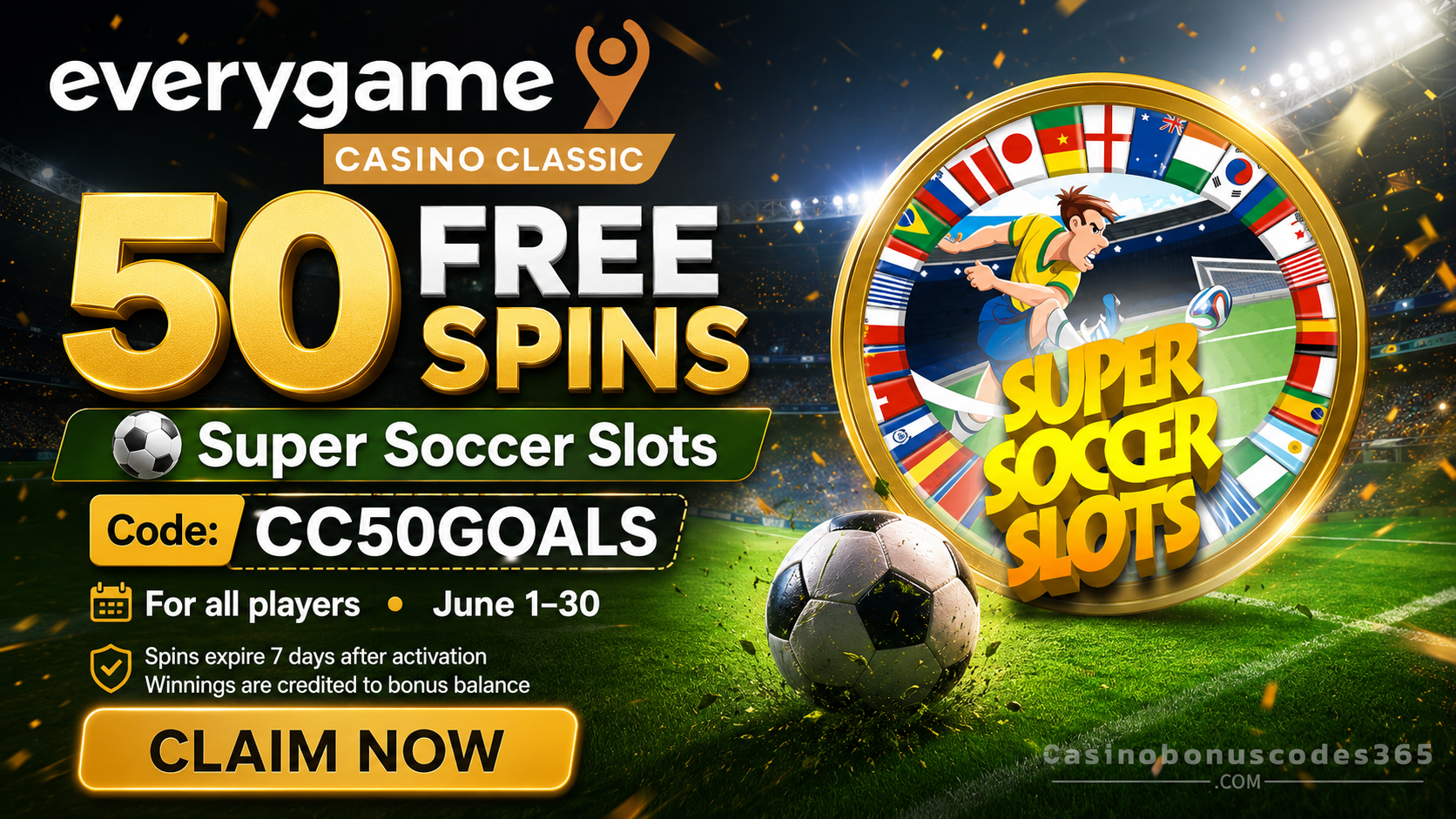 Everygame Casino Classic 50 FREE Spins on Super Soccer Slots