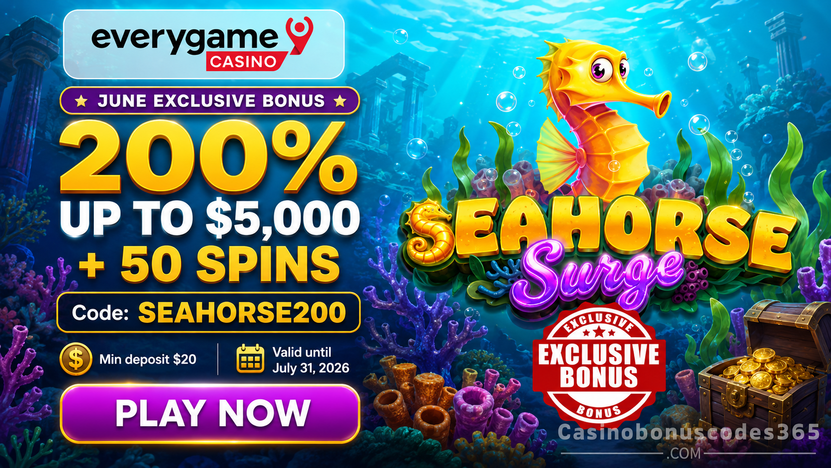 Everygame Casino Red 200% up to $5,000 + 50 FREE Spins on Seahorse Surge