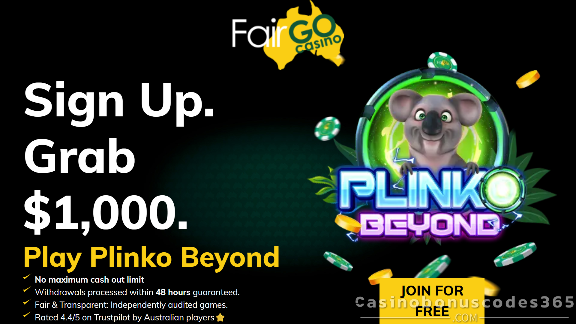 Fair Go Bonus Offer – $10 Free Chip + 100% Bonus on Plinko Beyond