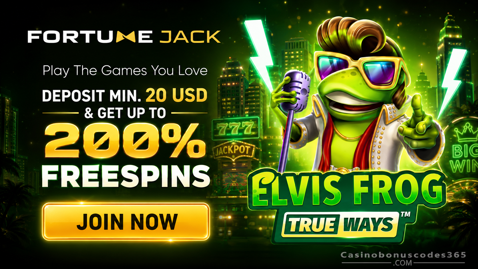 FortuneJack Casino 200% FREE Spins Bonus on Elvis Frog True Ways