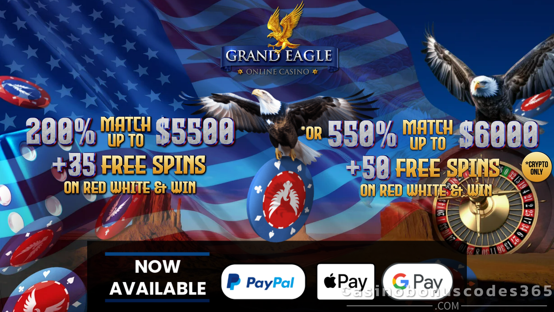 Grand Eagle Casino Welcome Offer - 200% Match Bonus up to $5500 + 30 FREE Spins or 550% Match Bonus up to $6000 + 60 FREE Spins with crypto
