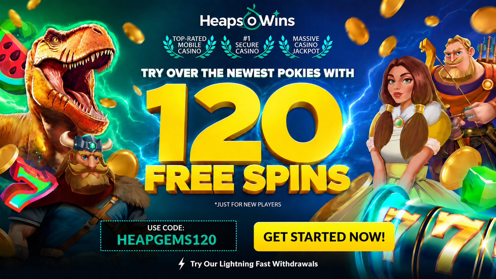 Heaps O Wins Casino 120 FREE Spins on Doragon's Gems