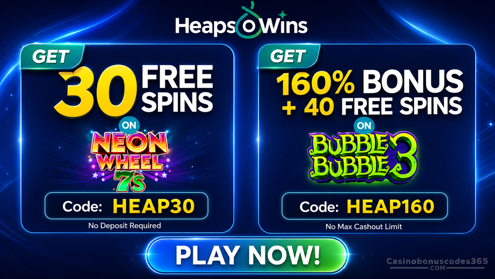 Heaps O Wins Casino 30 FREE Spins on Neon Wheel 7s