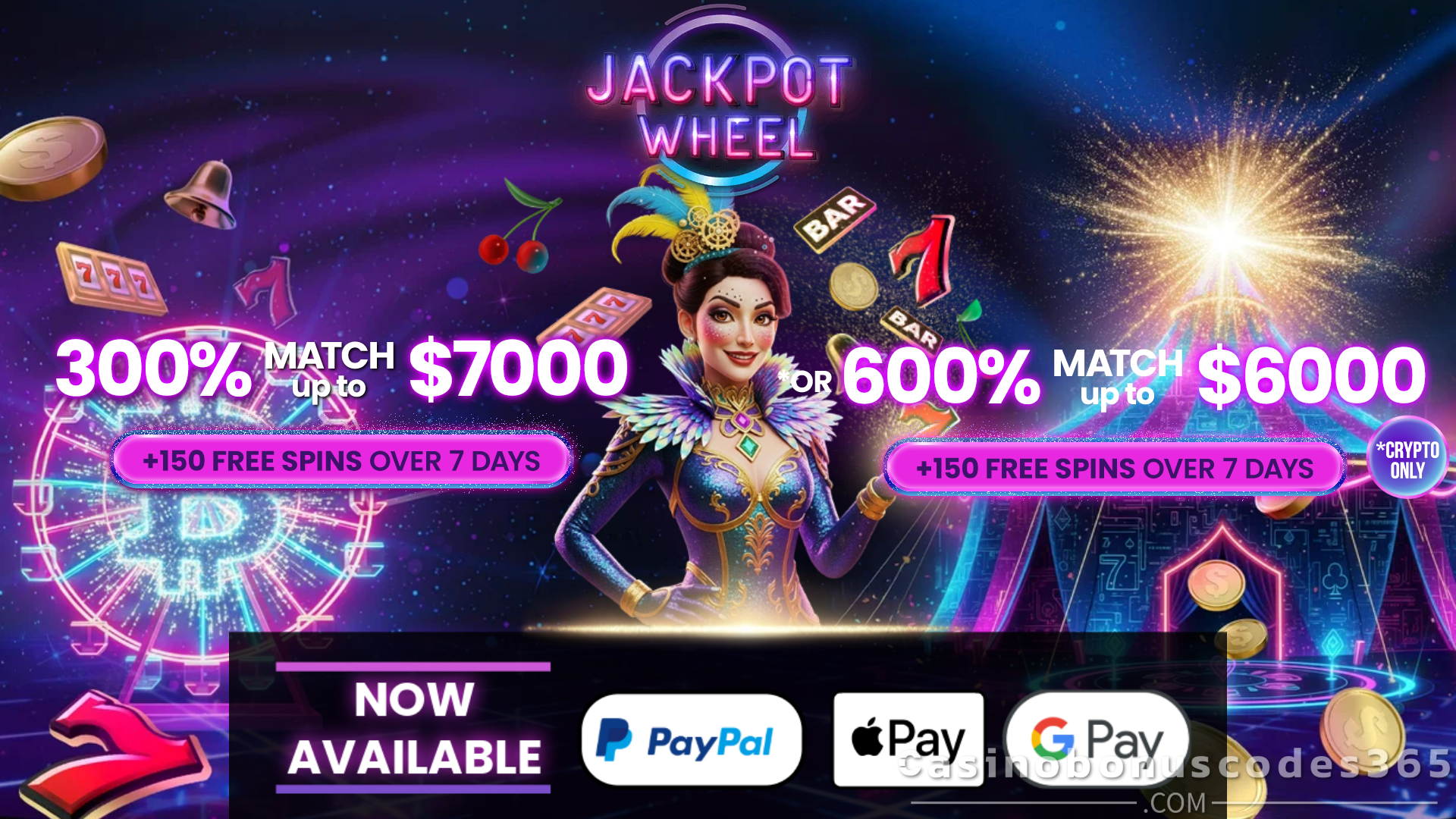 Jackpot Wheel Casino Welcome Offer - 300% Match Bonus up to $7000 or 600% Match Bonus up to $6000 with crypto