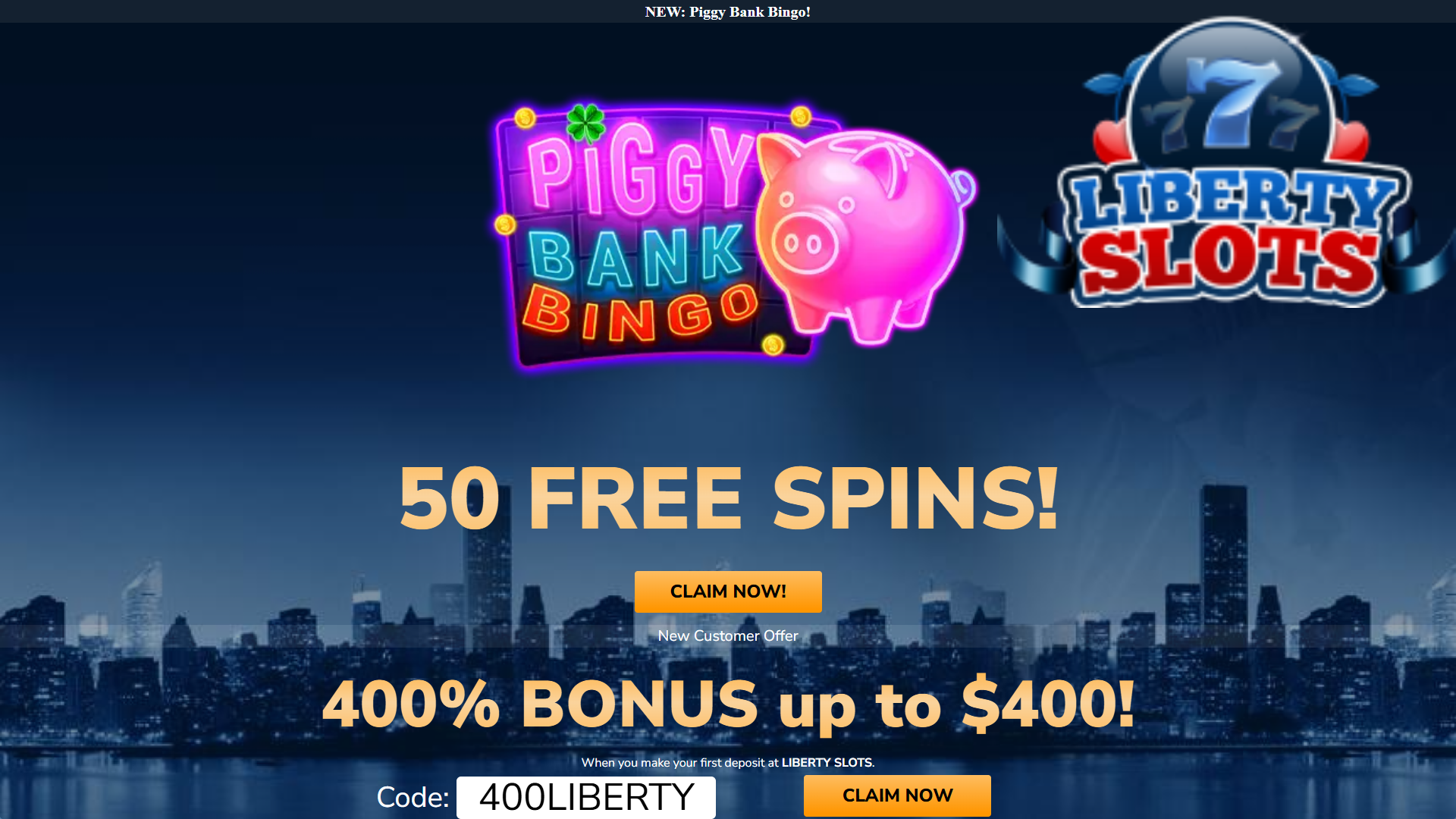 Liberty Slots 50 FREE Spins on Piggy Bank Bingo Bonus Code PIGBINGO50